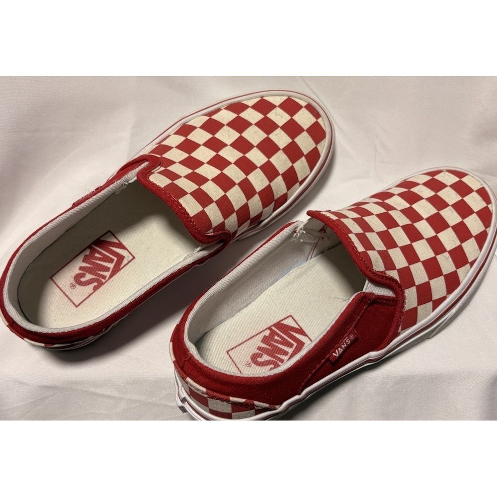 Vans Shoes Womens 6 Classic Slip On Skateboarding Checker Sneakers Red White - Picture 2 of 9